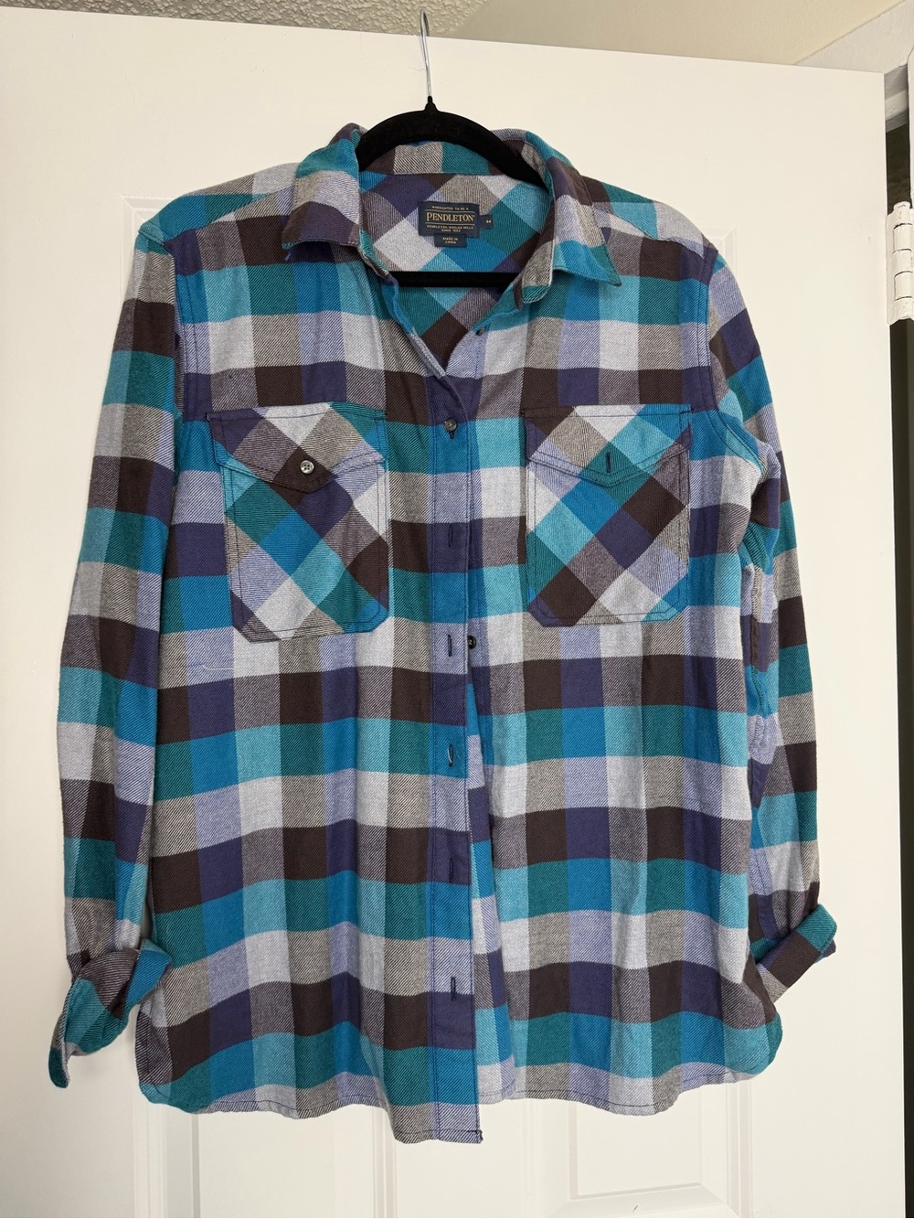 Pendleton Teal, Navy & Light Gray Plaid Button-Up Shirt